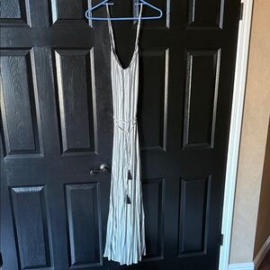 Aakaa Black and White Striped Maxi Dress with Tassel Waist Tie